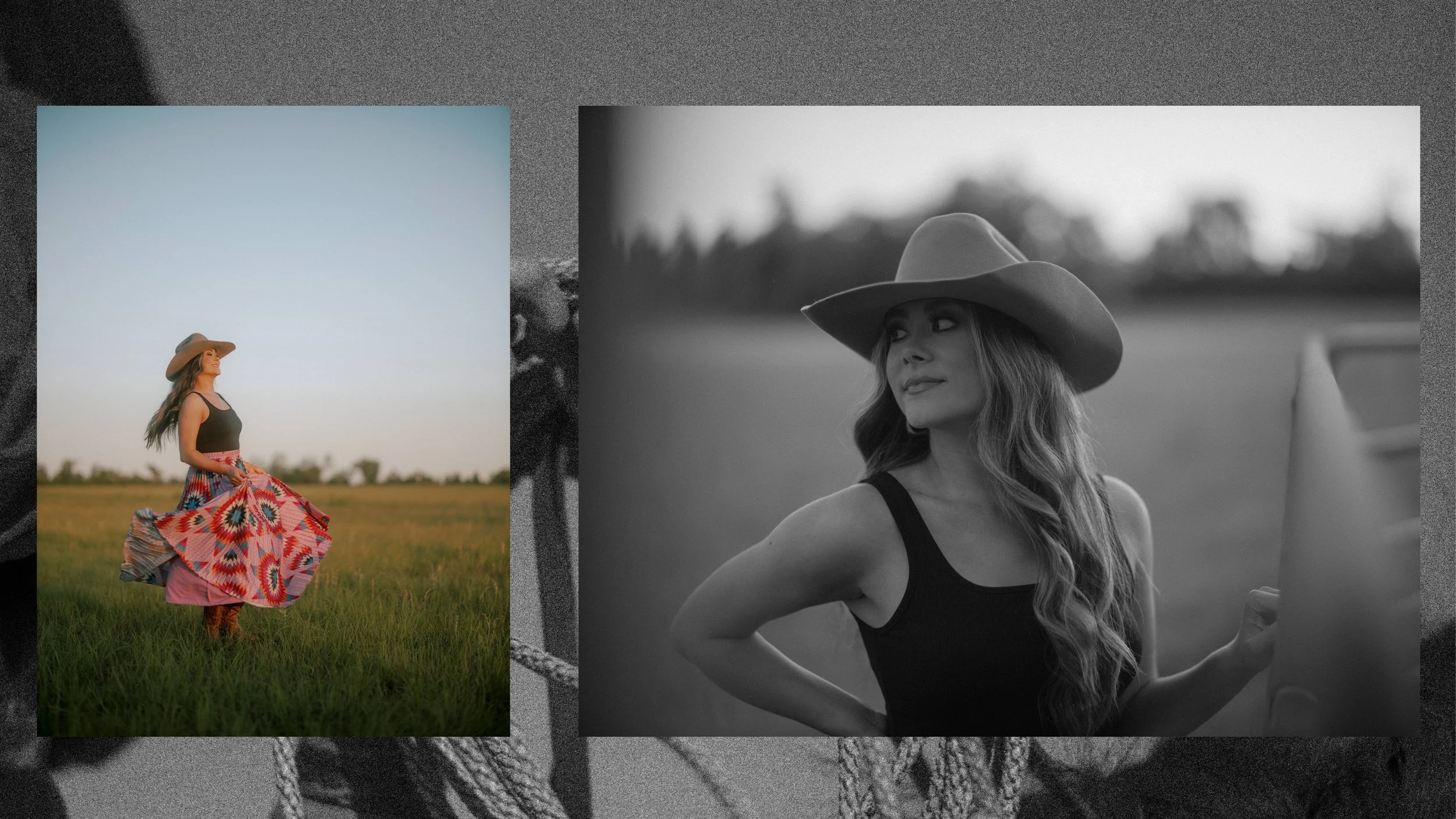 Brunette model wearing western attire in a flower field portrait