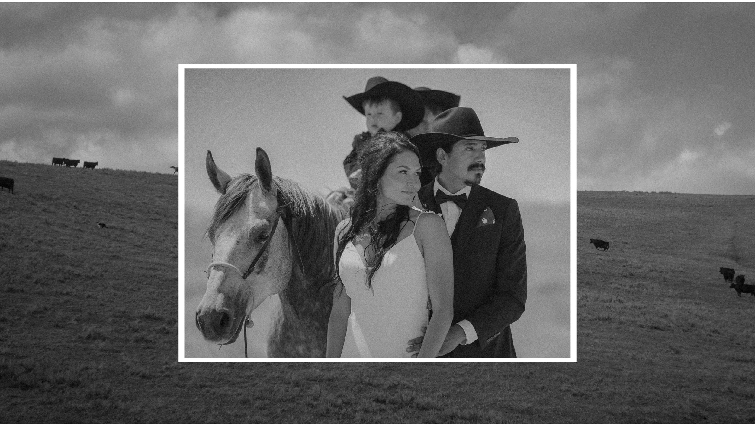 Family portrait from a Crow wedding with bride, groom, and children on horseback