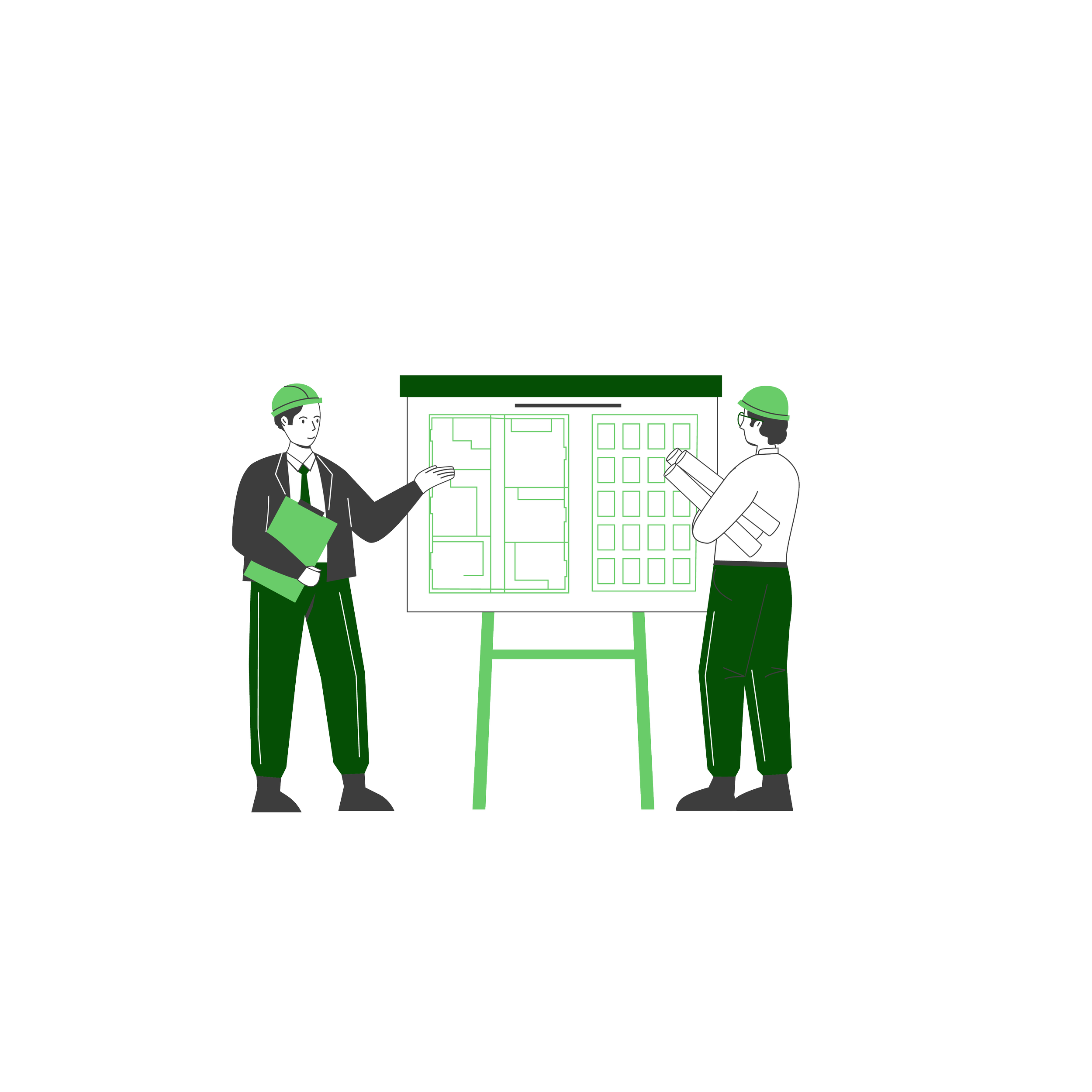 RIBA Stage 3: Two people in business attire and green helmets discussing a blueprint or architectural plan outside, with a building in the background.