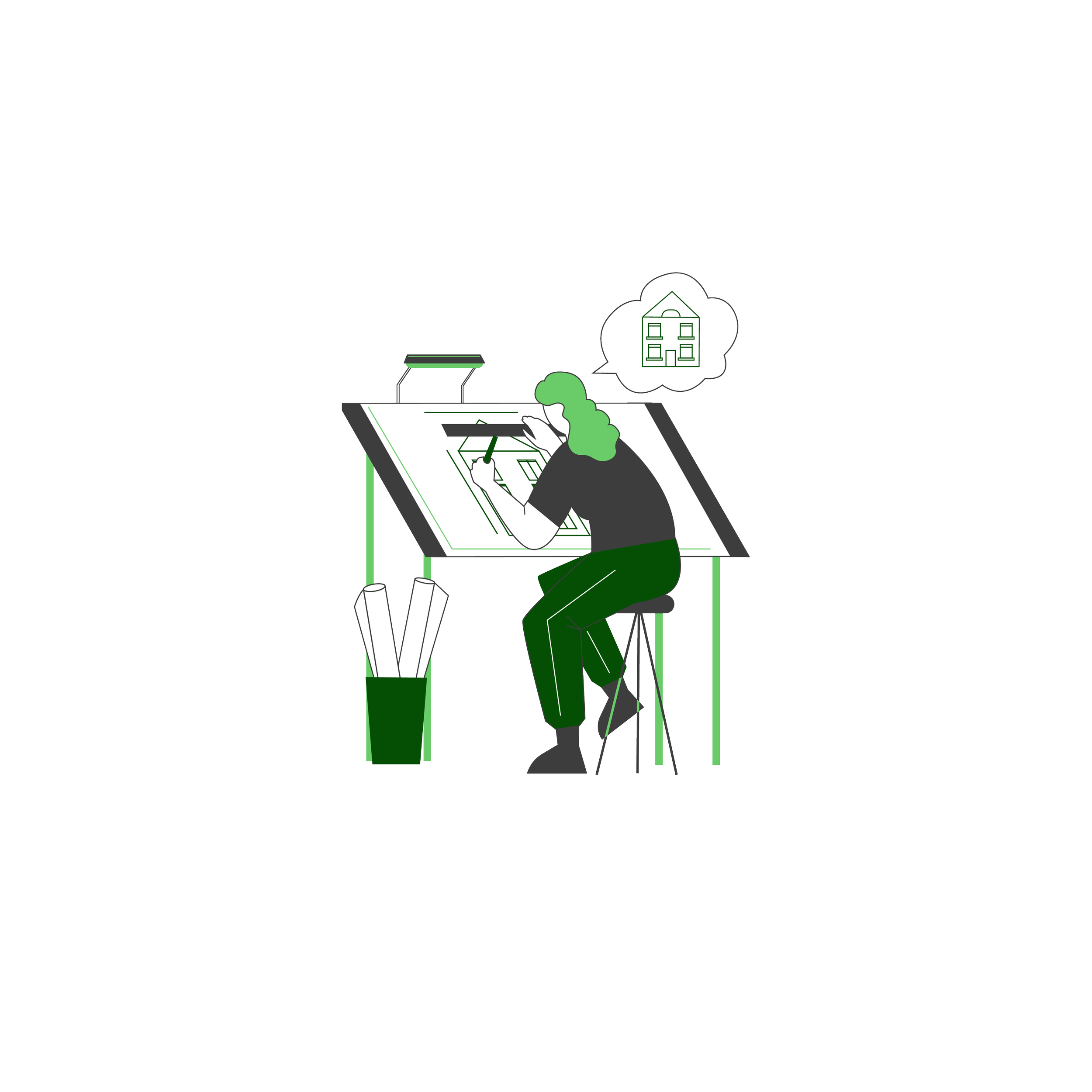 RIBA Stage 2: A person sitting at a drafting table drawing a floor plan with a pencil, with a thought bubble above showing a house.
