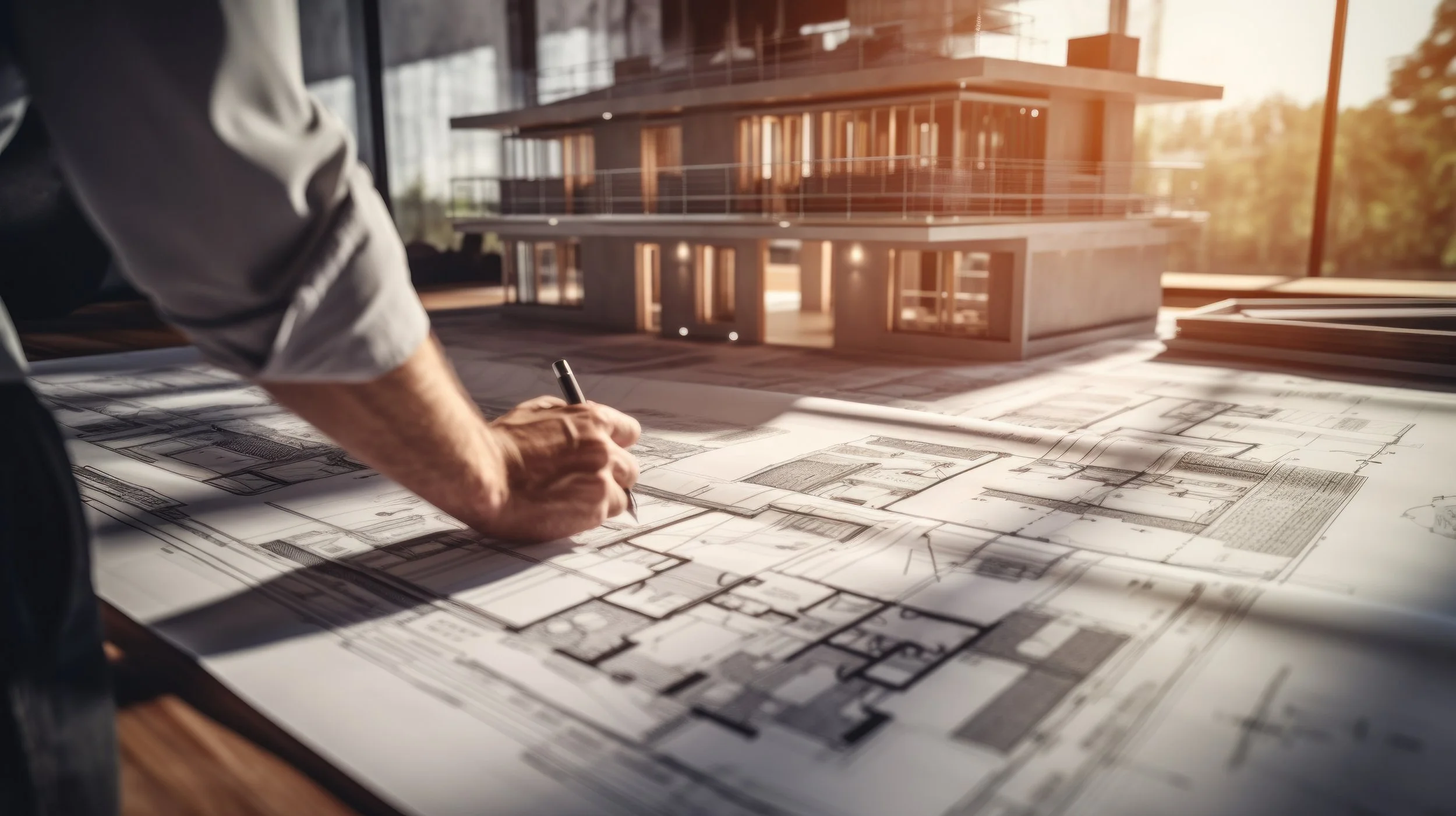 Architect working on blueprints with a model of a modern building in the background.