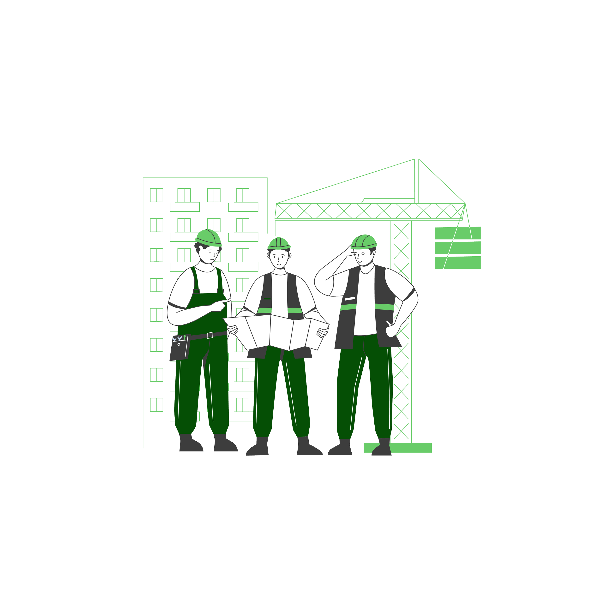 RIBA Stage 5: Line drawing of a construction site with three workers wearing helmets, a building outline, and construction equipment.