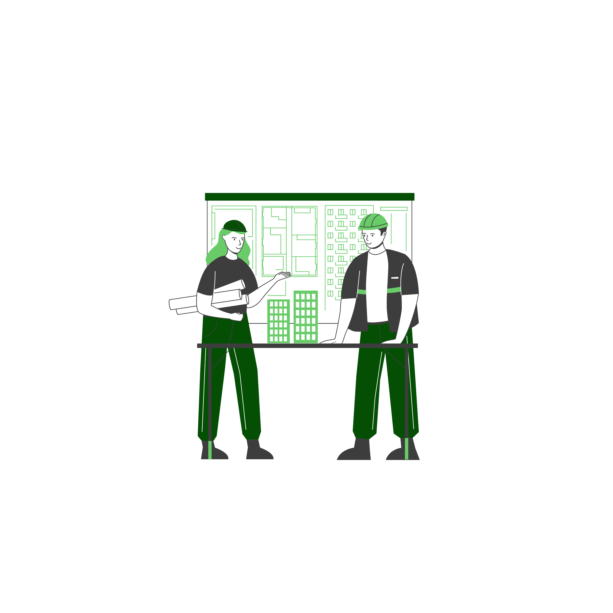 Illustration of two construction workers, one woman and one man, standing in front of a building blueprint, with a cityscape background.