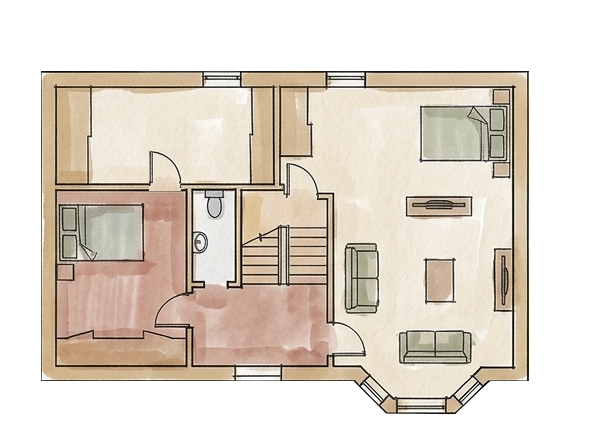 Floor plan of a house with bedrooms, a bathroom, staircase, living room, and front porch.