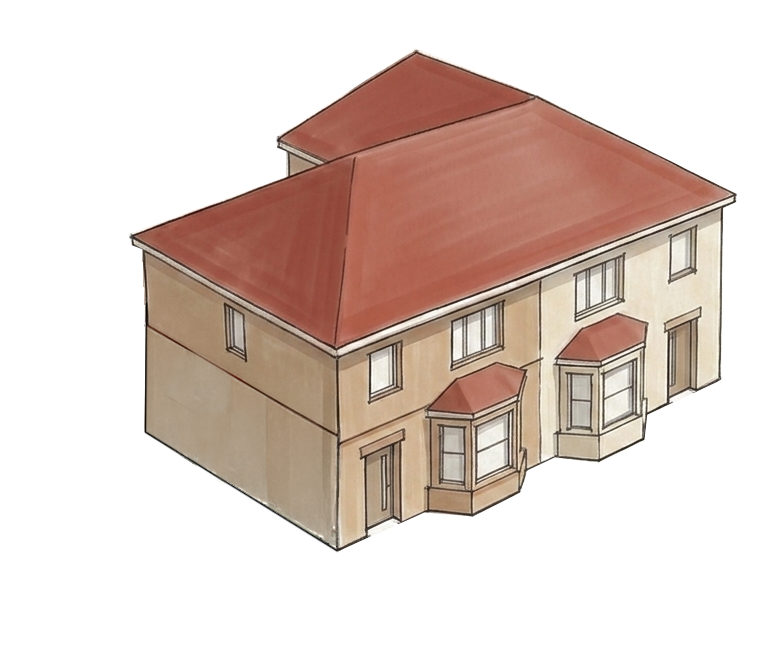 A digital drawing of a two-story house with a red gable roof, beige walls, and multiple windows, including bay windows on the front.