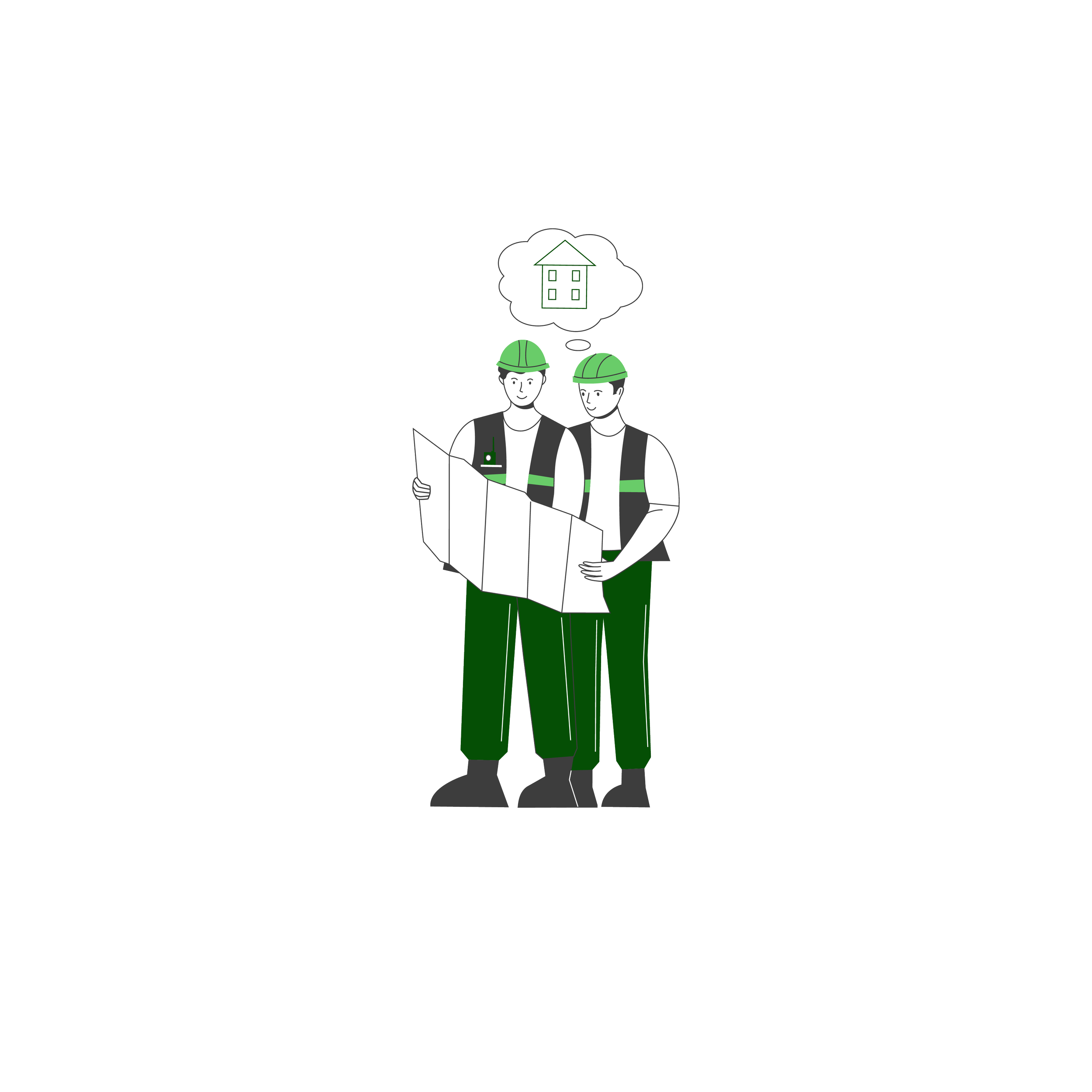 RIBA Stage 1: Two construction workers wearing green hard hats and reflective vests, examining blueprints, with a house in a thought bubble above.