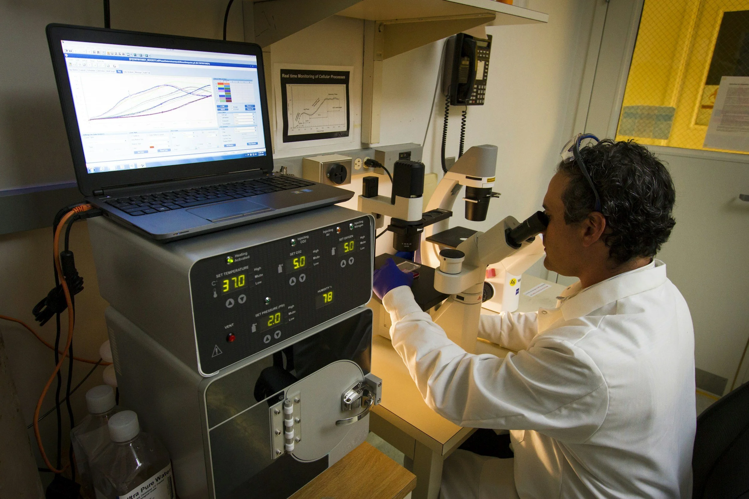 A scientist in a white lab coat working with a microscope in a laboratory. There are various medical equipment and monitors displaying graphs and data nearby, with yellow safety doors in the background.