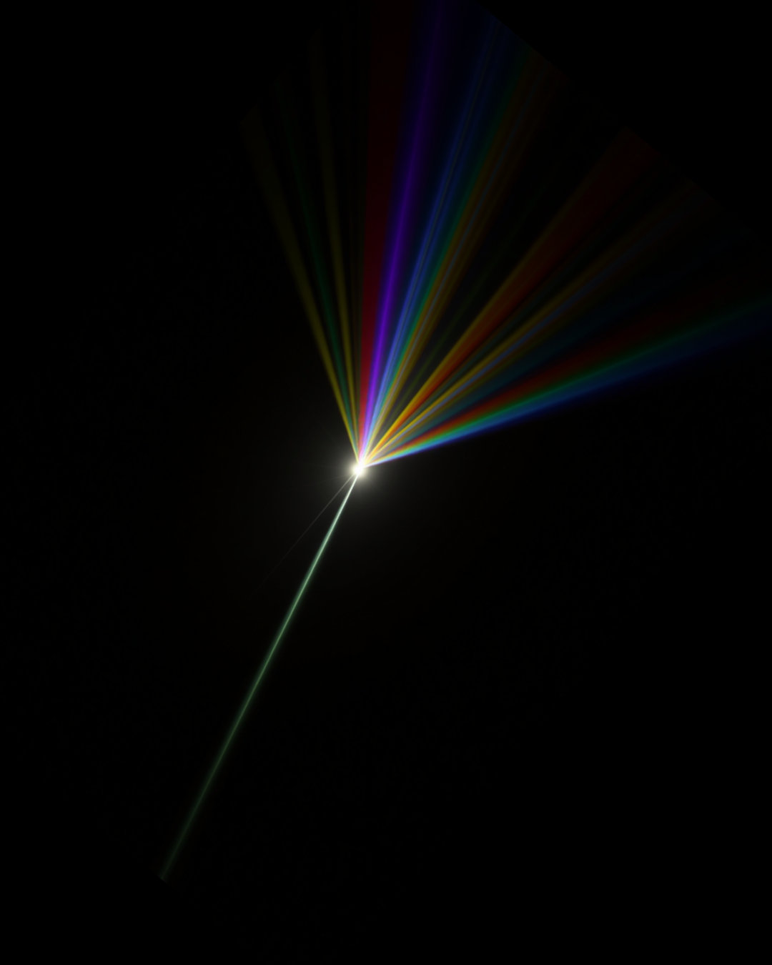 A laser beam splitting into multiple rainbow-colored rays against a dark background.