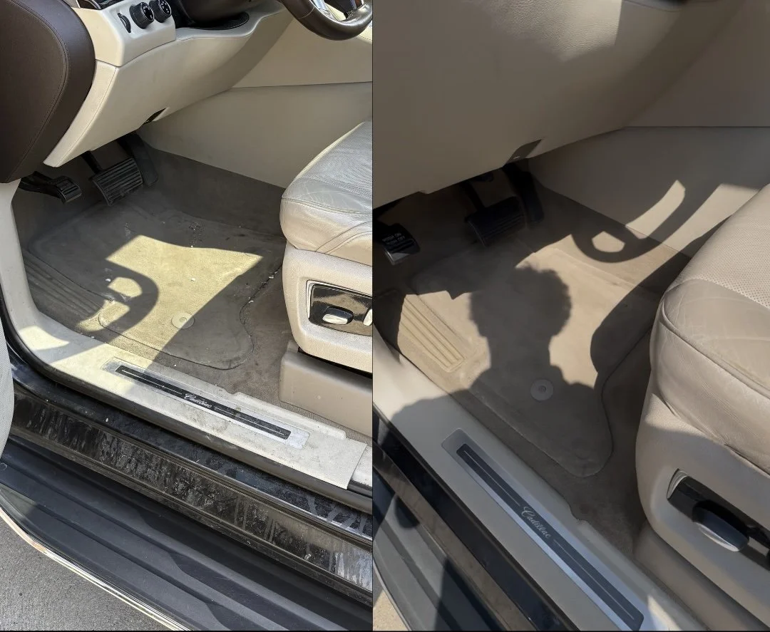 Before and after cleaning of the beige interior passenger side floor of a car, showing a dirty carpet on the left and a clean carpet on the right.