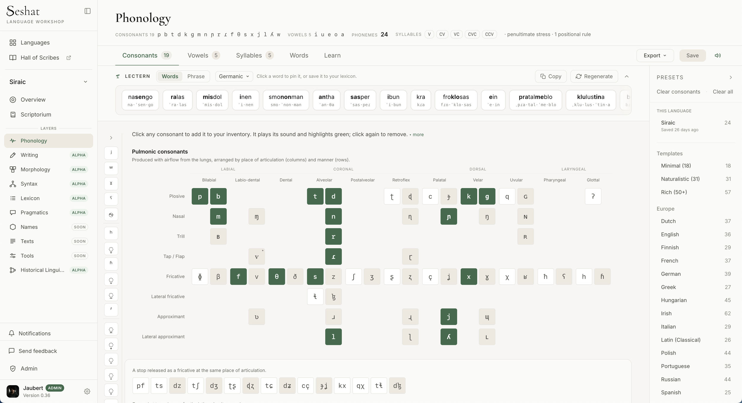 Screenshot of Seshat Language Workshop web app showing a phonology chart with consonants, vowels, syllables, and pronunciation symbols from a conlang creator app.