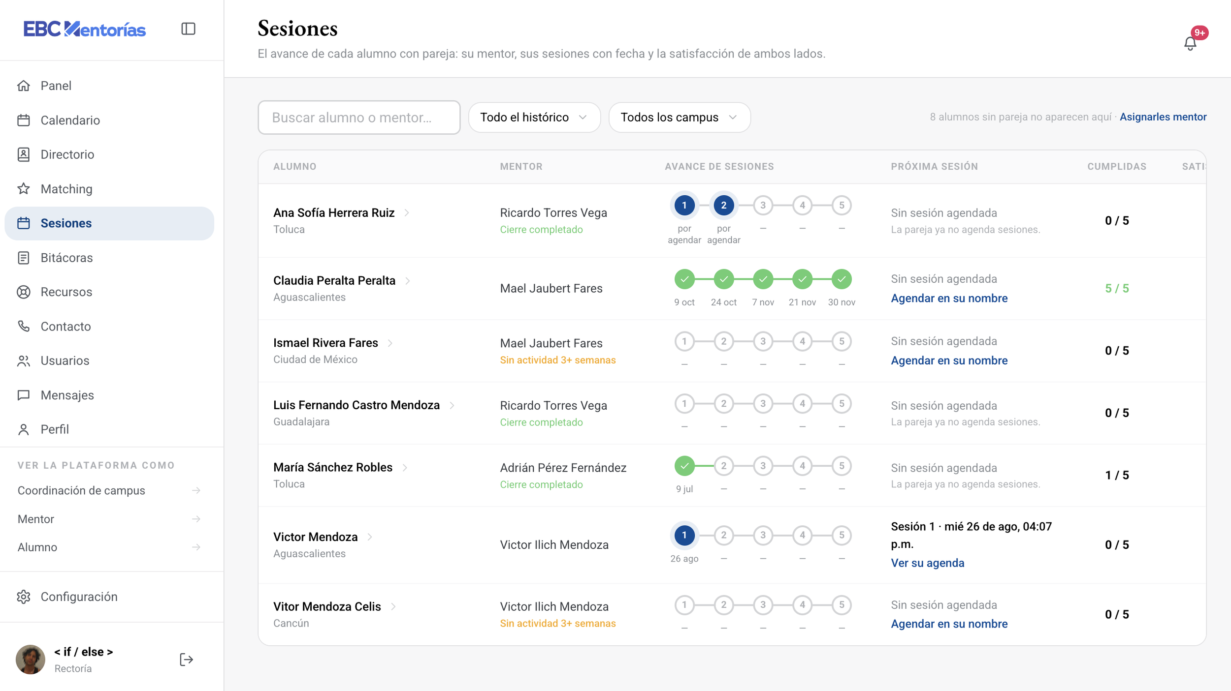 Screenshot of the EBC Mentorías web app showing the 'Sesiones' section with a list of students, their mentors, session progress, upcoming sessions, and completion.