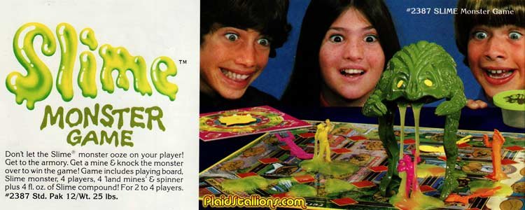 Three kids playing the Slime Monster Game with colorful slime oozing from a green slime monster figure on the game board.