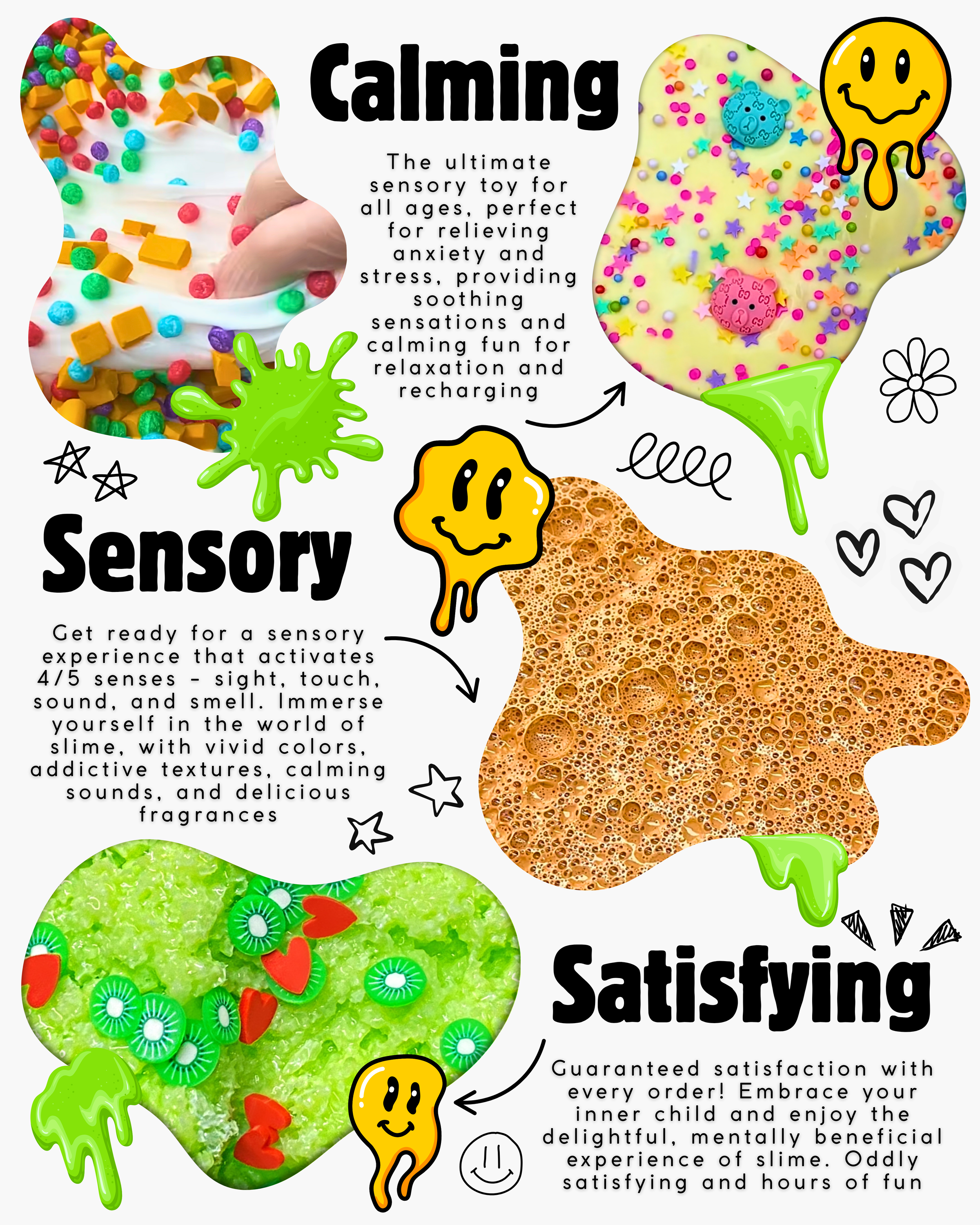 An infographic about slime sensory toys featuring images of colorful slime with various textures and decorations, and playful illustrations like a smiling face, a happy face, a star, and a flower. The text describes slime as a calming, satisfying sensory toy that activates multiple senses and provides relaxation, stress relief, and fun.