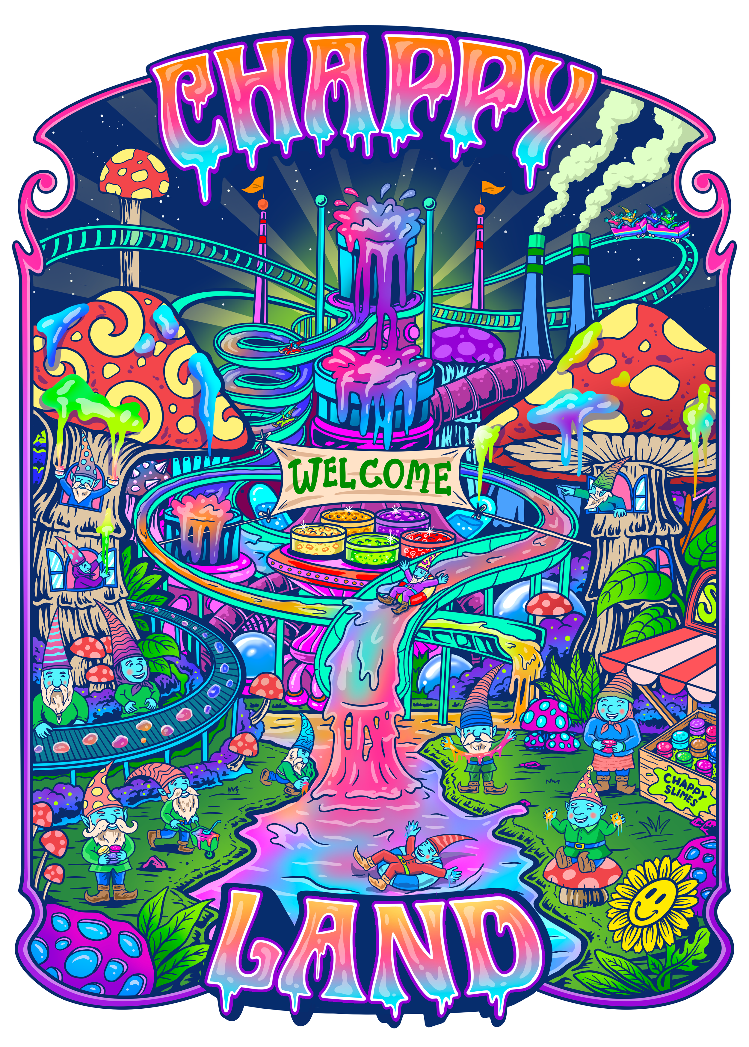 Colorful cartoon land with amusement park and slime factory called CHAPPY LAND. Roller coasters in the distance with mushroom houses, waterfalls, gnome characters, and vibrant scenery, with a sign saying "Welcome" and another reading "Chappy Slimes"