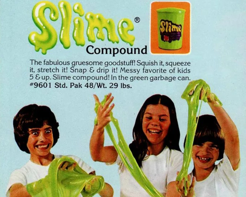 Three kids playing with green slime in a light blue background, with text describing the slime as a gross, stretchable, splashable compound in a green garbage can.