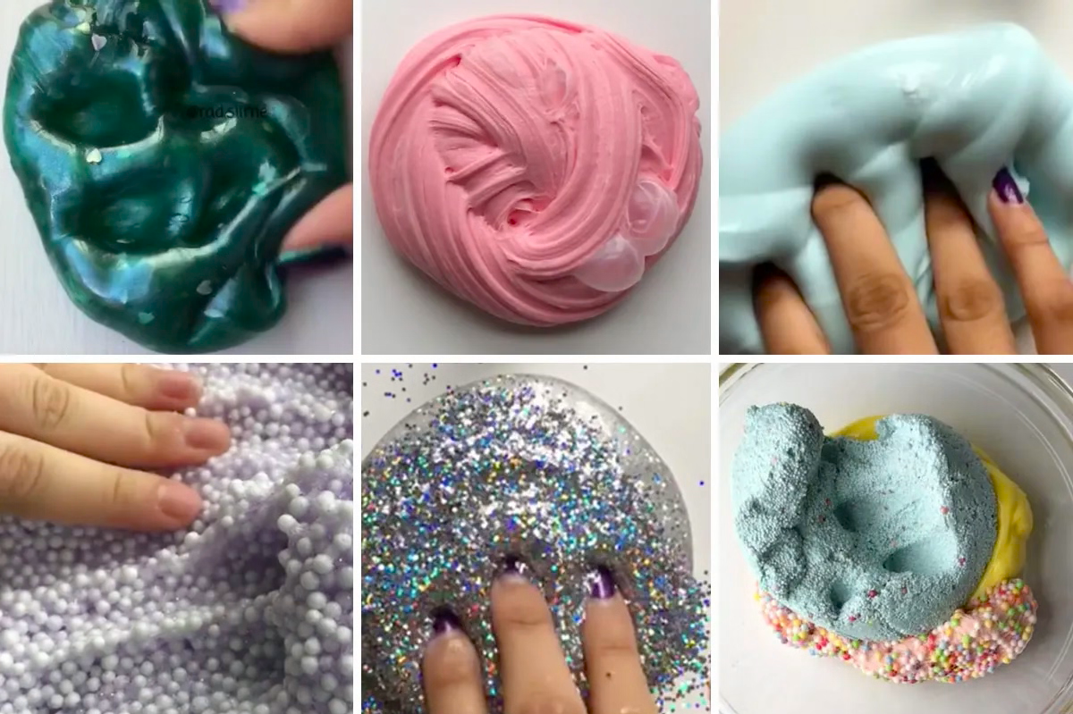 Collage of six images showing hands pressing into various colorful slimes and slime textures, including green, pink, light blue, purple with beads, silver glitter, and multicolored foam beads.