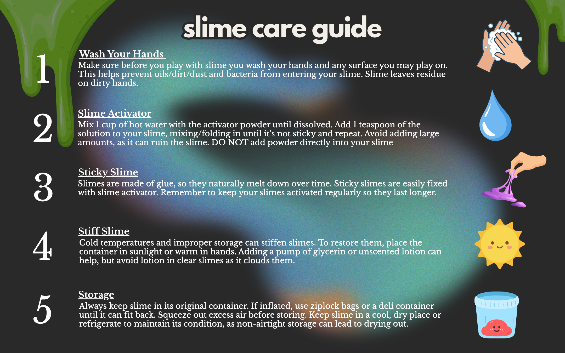 Slime care guide with steps for washing hands, mixing slime activator, fixing sticky and stiff slime, and proper storage tips, each accompanied by colorful icons.