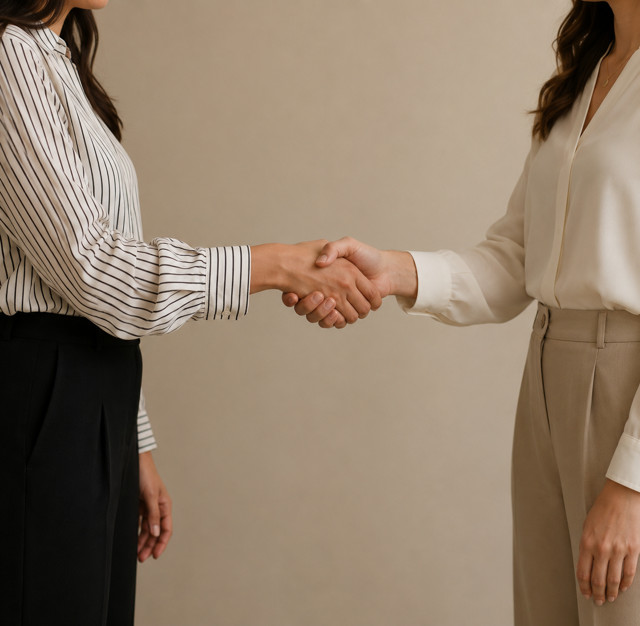 Two women shaking hands, one wearing a striped blouse and black pants, the other in a white blouse and beige pants, against a neutral background.