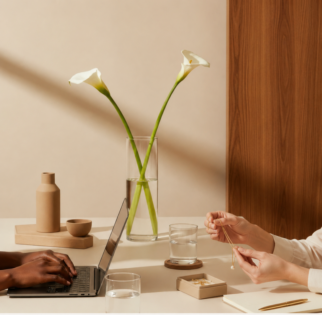 Two people at a table with a laptop, glasses of water, and jewelry, with a vase of two calla lilies in the background.