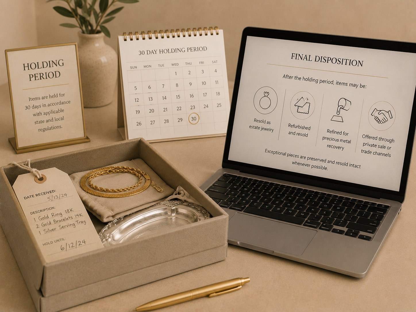 A desk setup with a jewelry box containing gold and silver jewelry, a pen, a laptop displaying jewelry disposal options, a calendar marked for 30 days, and a sign explaining a holding period for items.