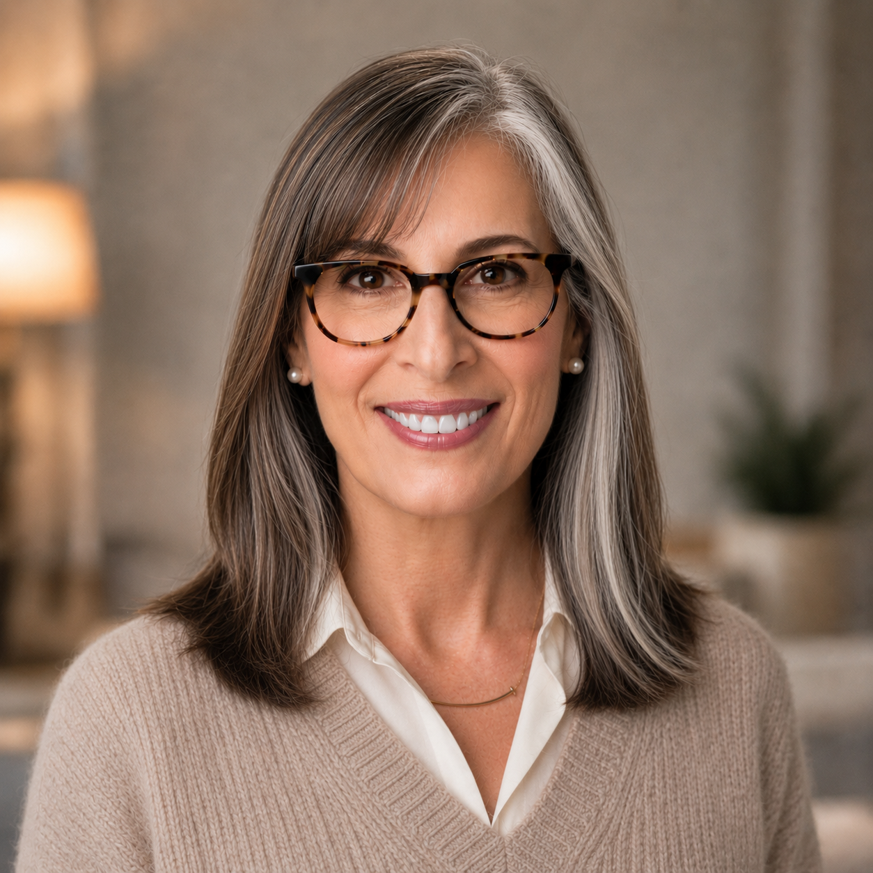 A middle-aged woman with gray hair and glasses smiling in a cozy indoor setting.