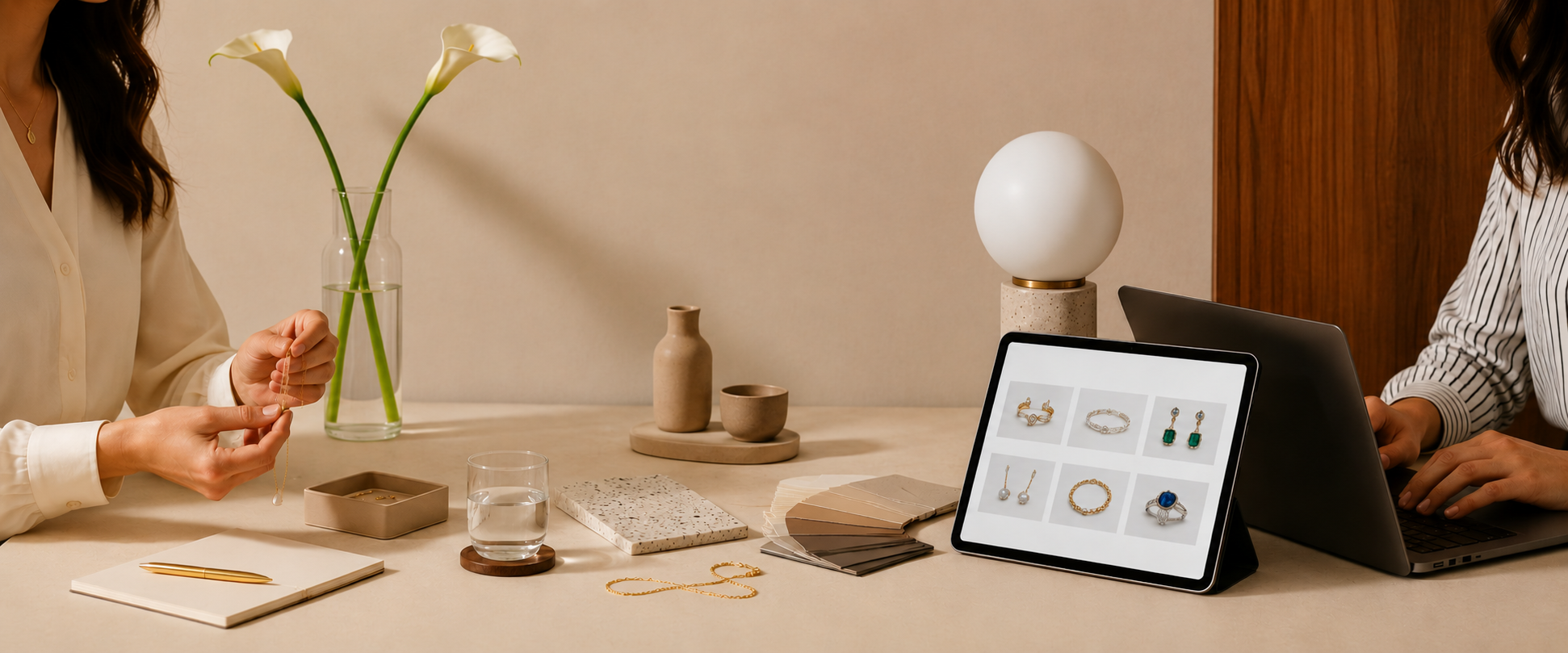 Two women evaluation jewelry at desk.