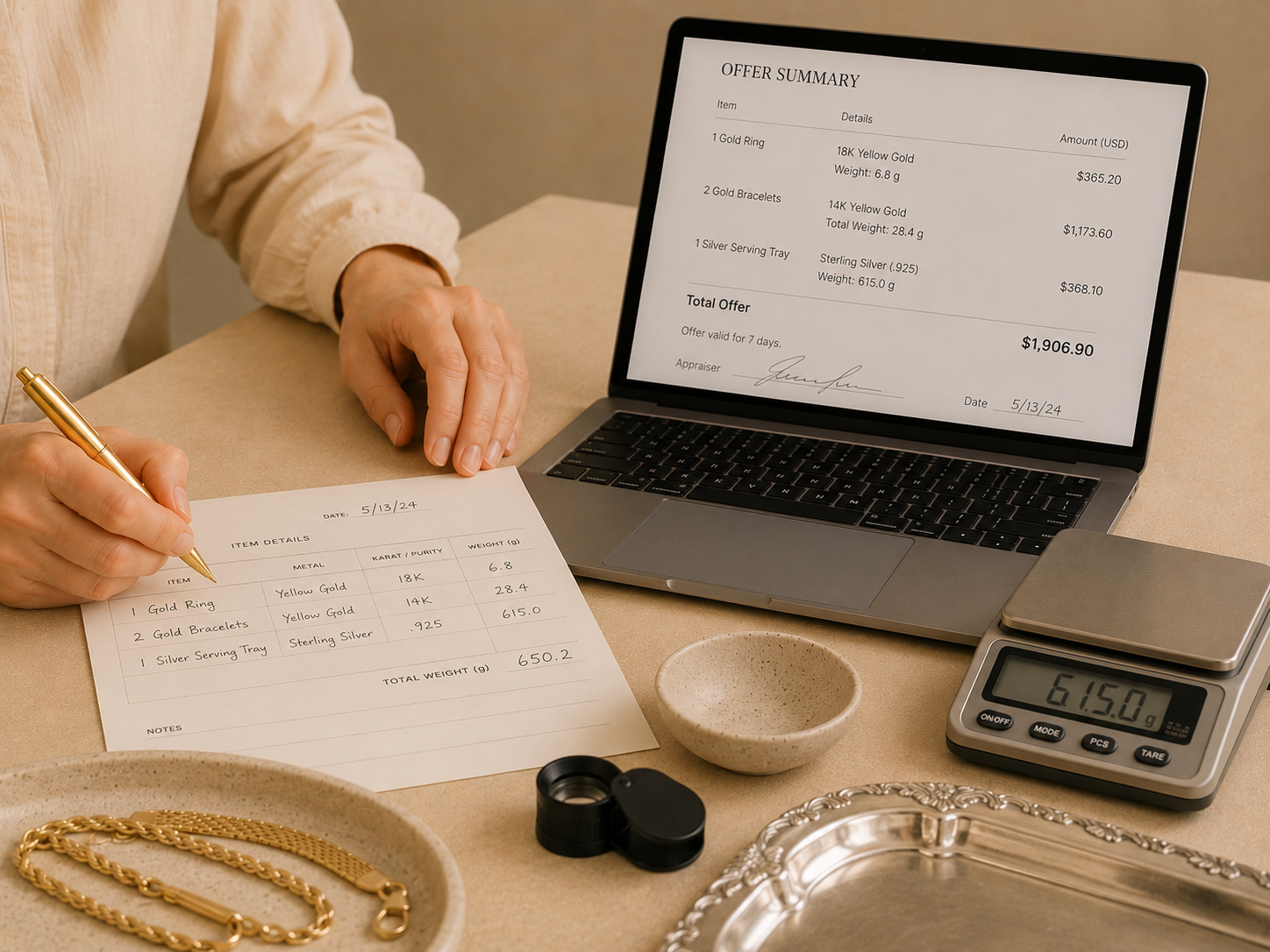 A person is sitting at a table with a pen, writing details of jewelry items on a paper sheet, with a laptop displaying an offer summary and prices of the jewelry items. There are gold jewelry pieces, a small bowl, a scale, and a silver tray on the table.