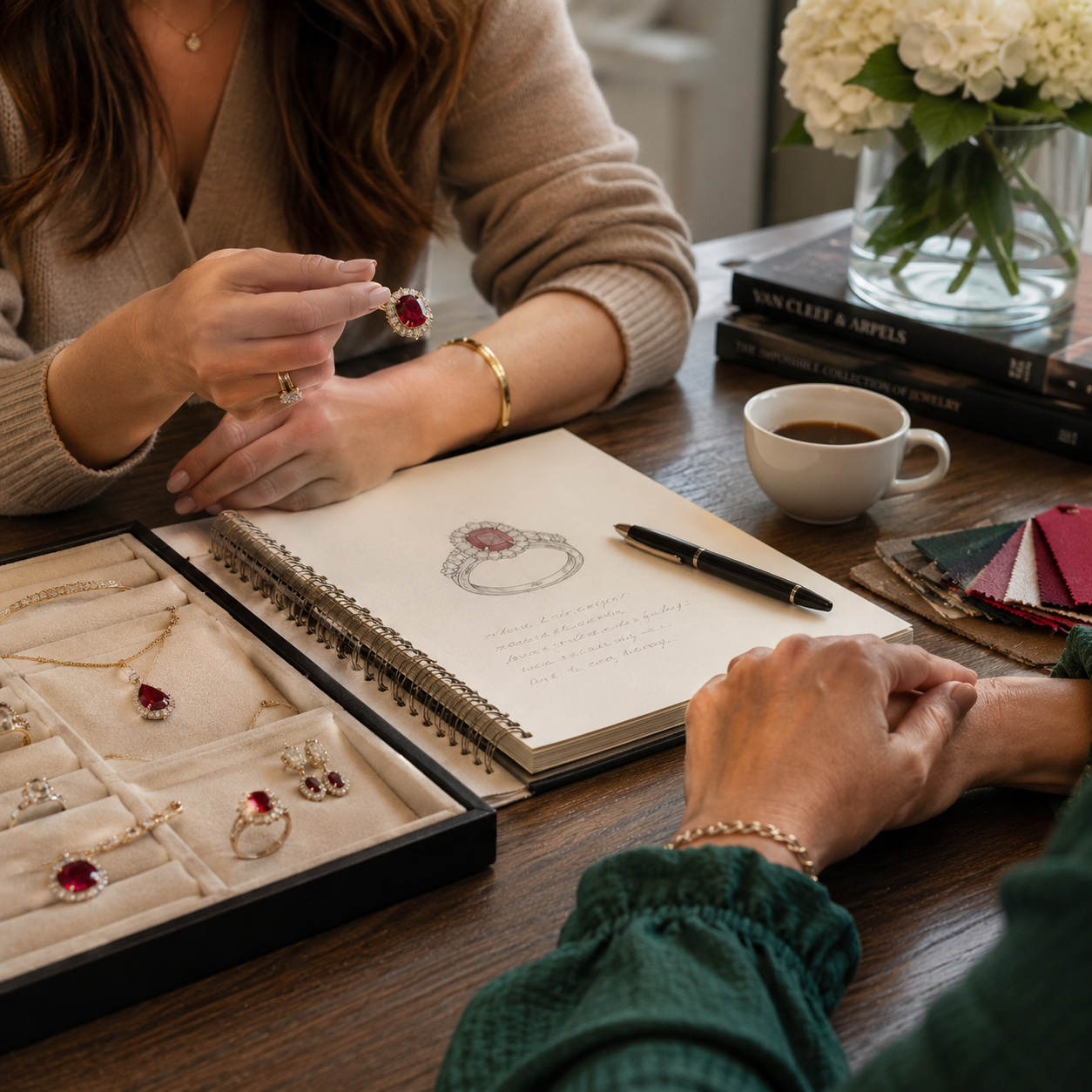 Two women at a table looking at jewelry, including rings and necklaces, with a jewelry box, a sketch of a ring on a notebook, a pen, a cup of coffee, books, fabric swatches, and a vase of white flowers.