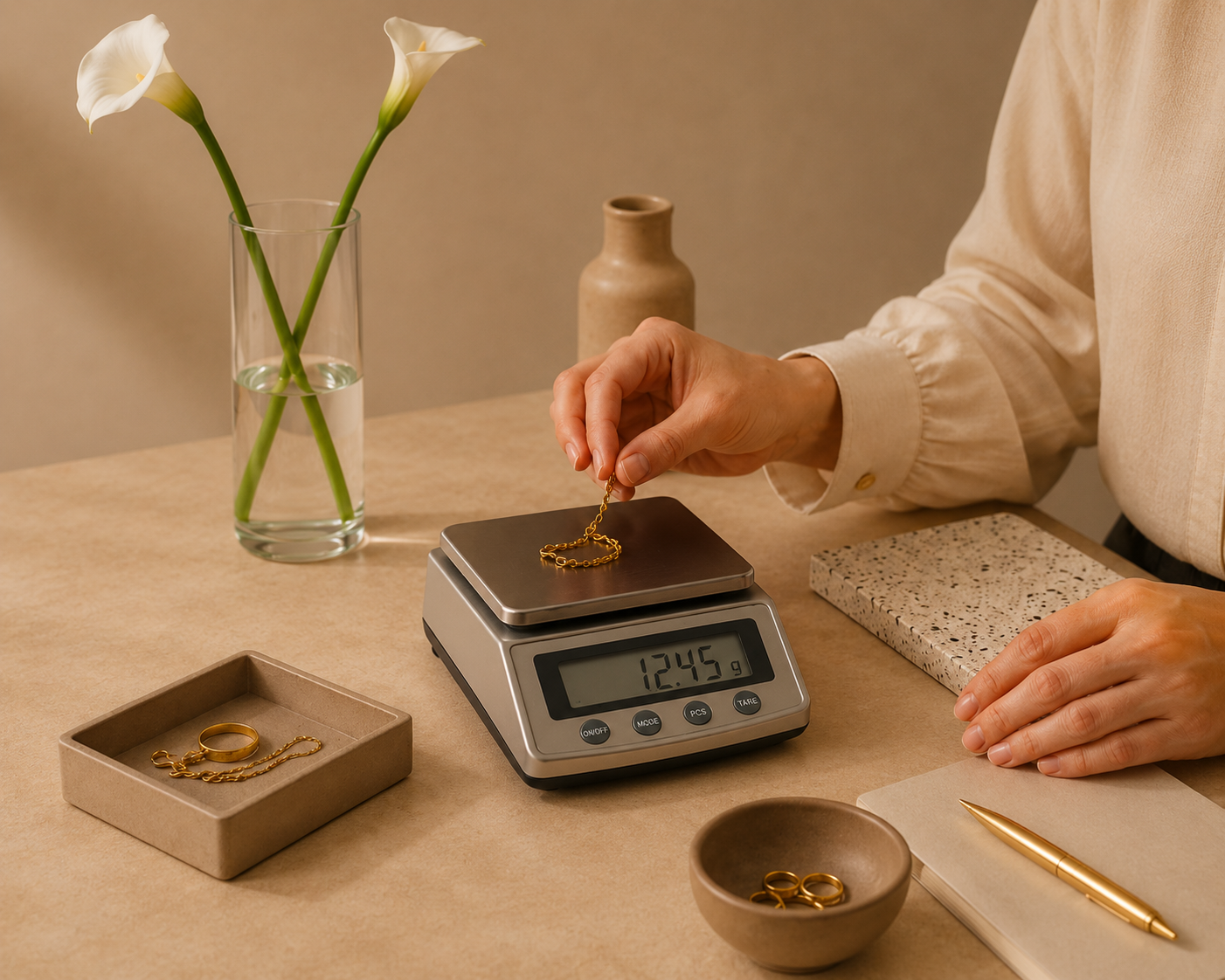 Person weighing a gold bracelet on a digital scale at a workspace with jewelry, a notebook, and decorative vases on the table.