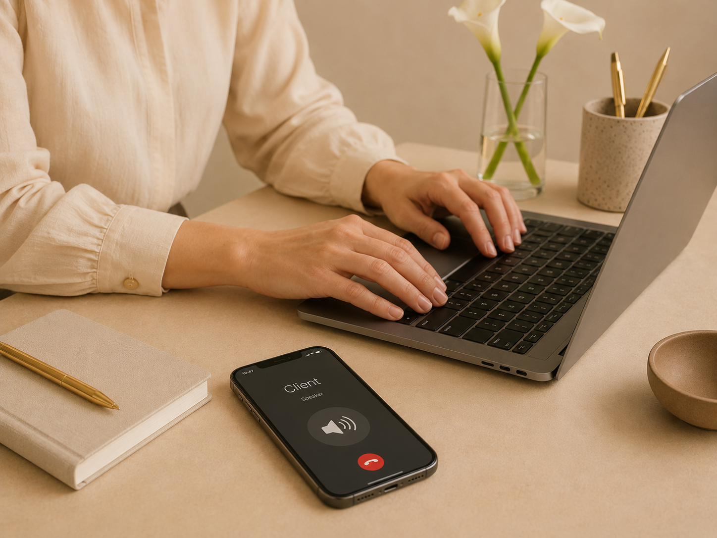 Person using a laptop with an ongoing video call, as indicated by the phone on the desk showing a 'Client' speaker with a microphone icon and a red end call button