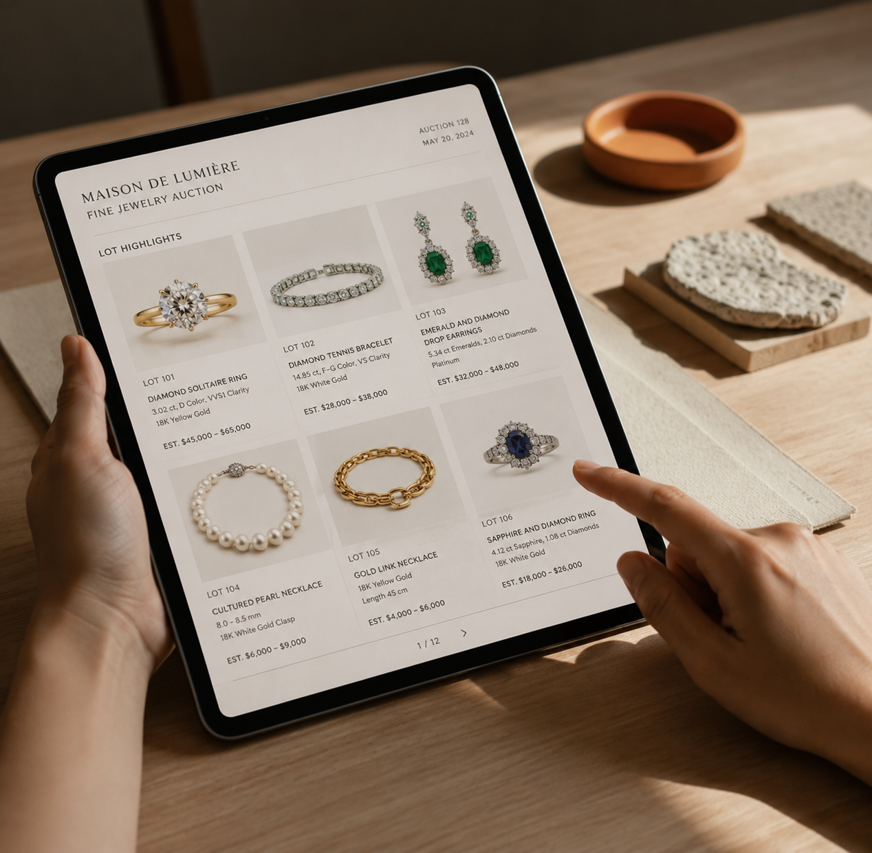 A person holds a tablet displaying an online jewelry auction with various rings, necklaces, and earrings on the screen, on a wooden table with jewelry display materials in the background.
