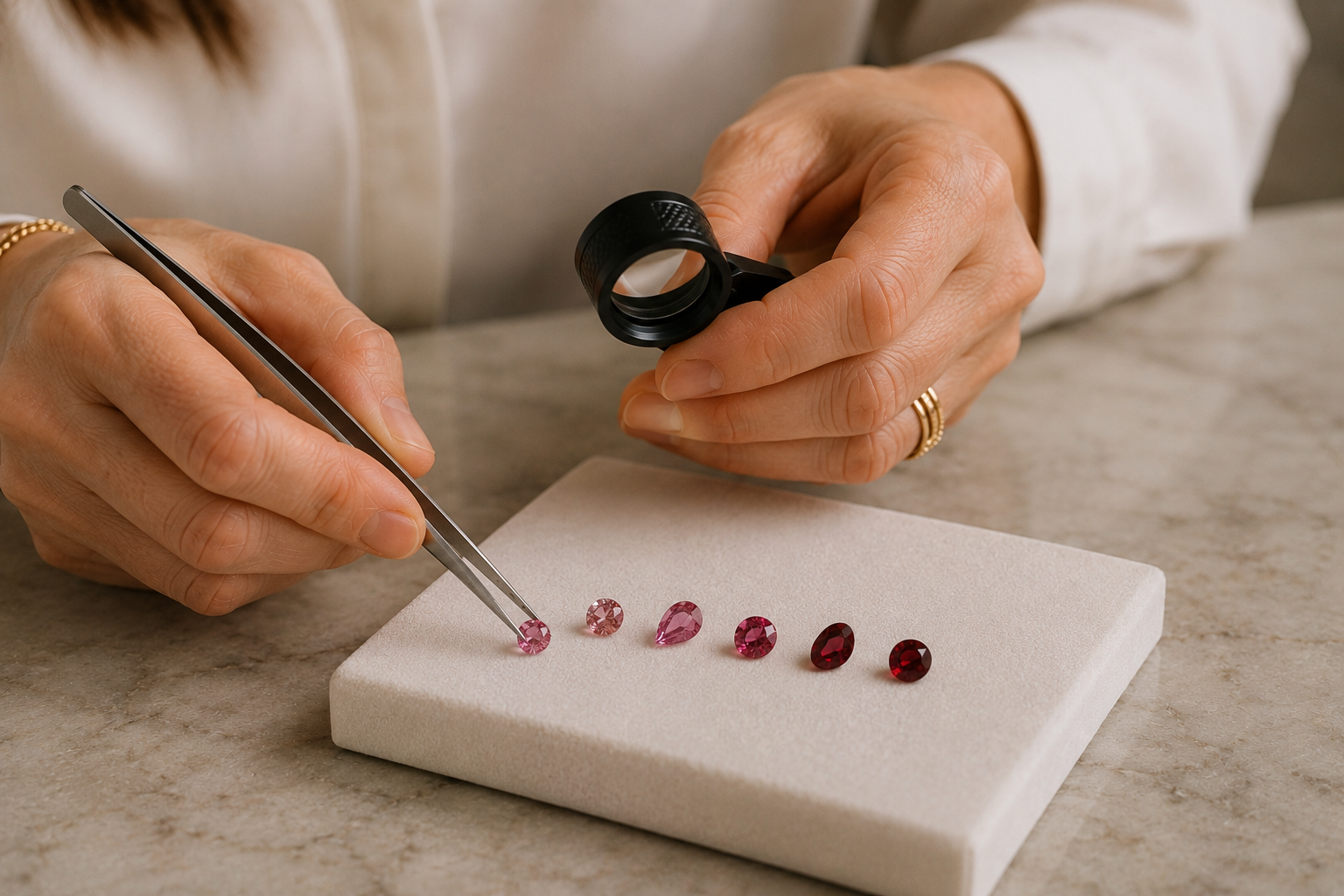 Person examining pink and red gemstones with tweezers, holding a magnifying glass over the stones.