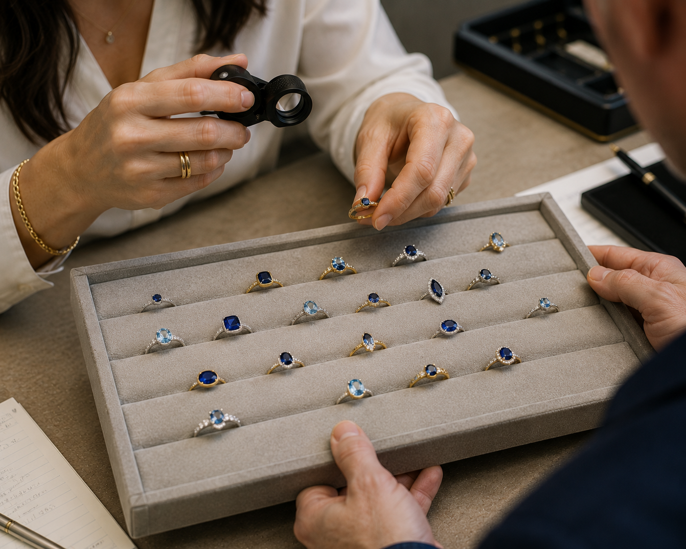 Two women examining a tray of various blue gemstone rings during a jewelry consultation or purchase.
