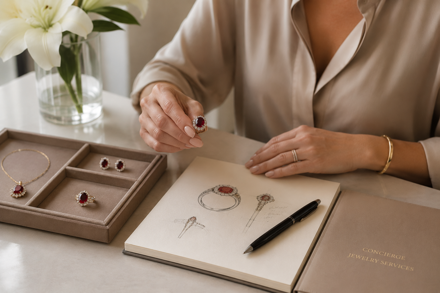 A woman wearing a beige blouse trying on a red gemstone ring with diamond accents. On the table in front of her are matching jewelry pieces, including a necklace and earrings, in a jewelry box. There are sketches of rings and jewelry designs on an open notebook, a pen, and a folder labeled "Concierge Jewelry Services." A flower in a glass vase is also on the table.
