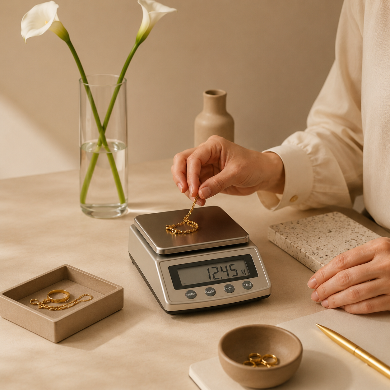 Person weighing a gold necklace on a digital scale, with jewelry and decor on a beige table, including a vase with white calla lilies, a beige vase, a notebook, a small tray with jewelry, and a gold pen.