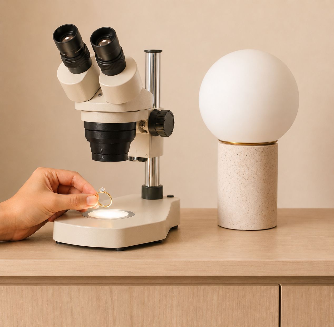 A person holding a diamond engagement ring under a microscope, with a modern lamp on a side table.