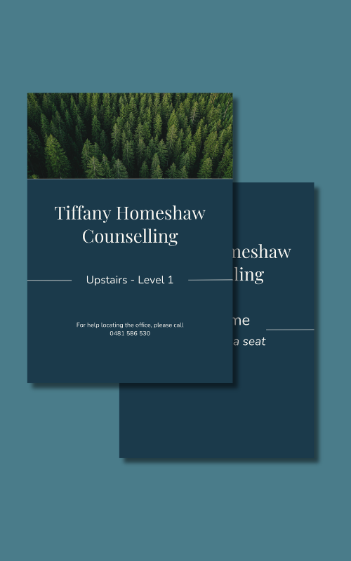 Printed wayfinding signage and office location card for Tiffany Homeshaw Counselling, designed as part of a cohesive brand rollout by ovio