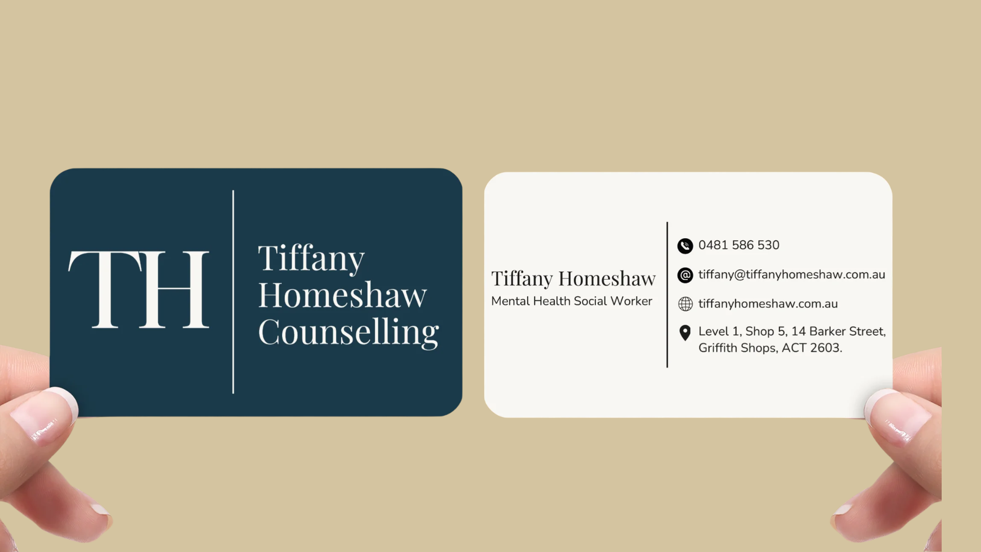 ront and back business card design for Tiffany Homeshaw Counselling, featuring navy and warm beige brand colours with TH monogram logo — designed by ovio
