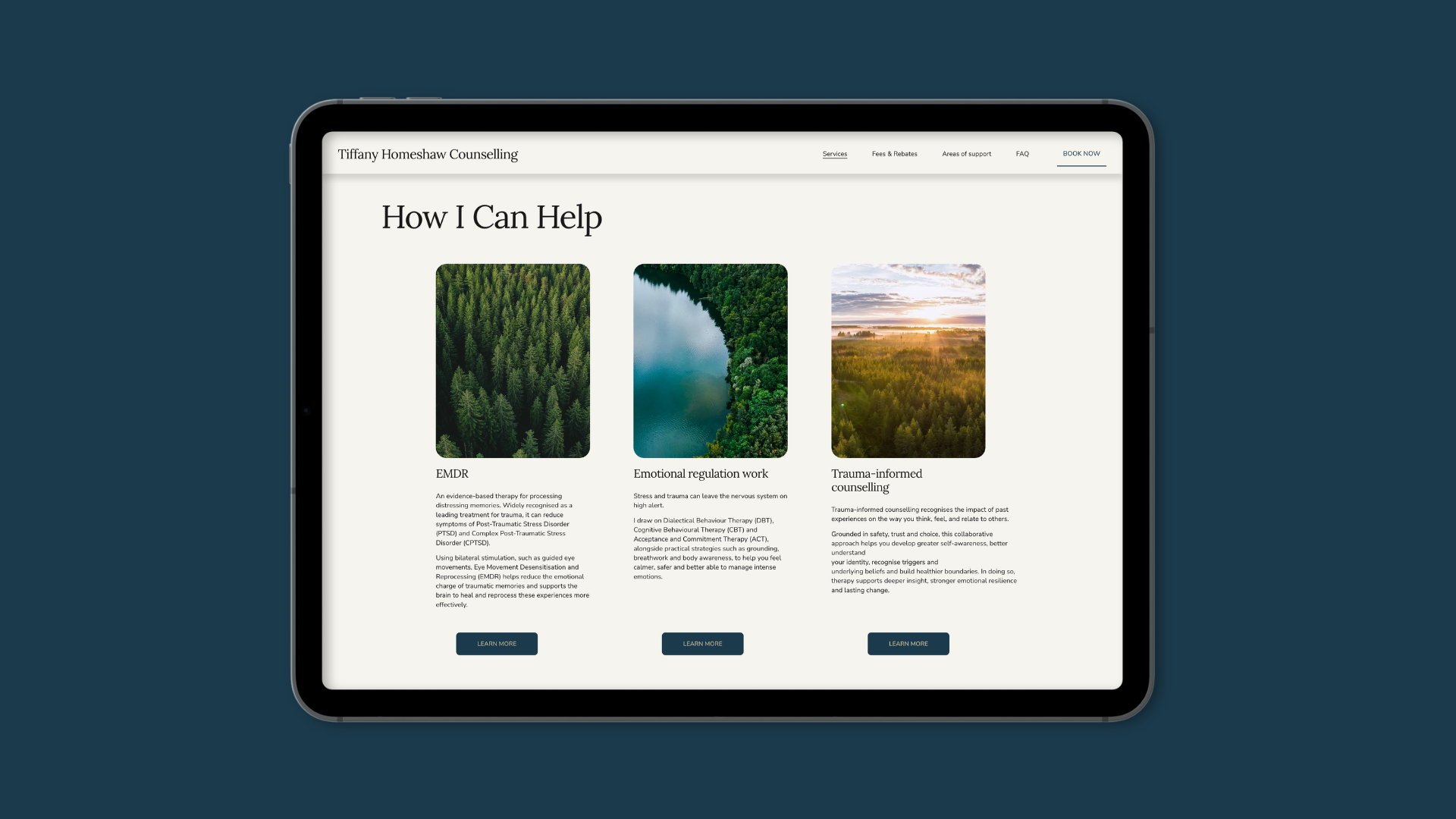 iPad mockup showing the Tiffany Homeshaw Counselling website services page, featuring EMDR, emotional regulation, and trauma-informed counselling — built by ovio
