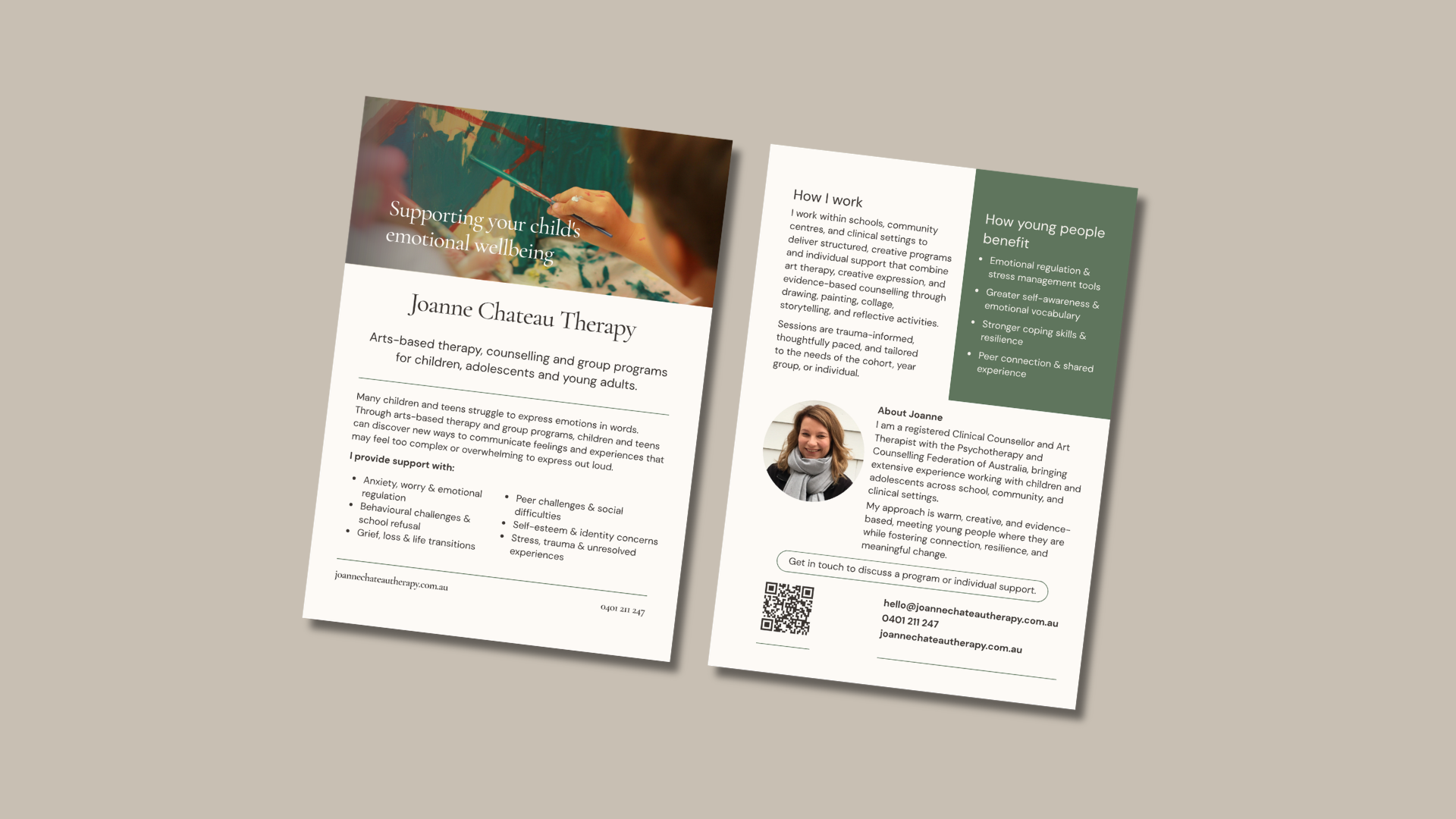 Front and back of the Joanne Chateau Therapy promotional flyer, featuring arts-based therapy counselling services and group programs — designed by ovio