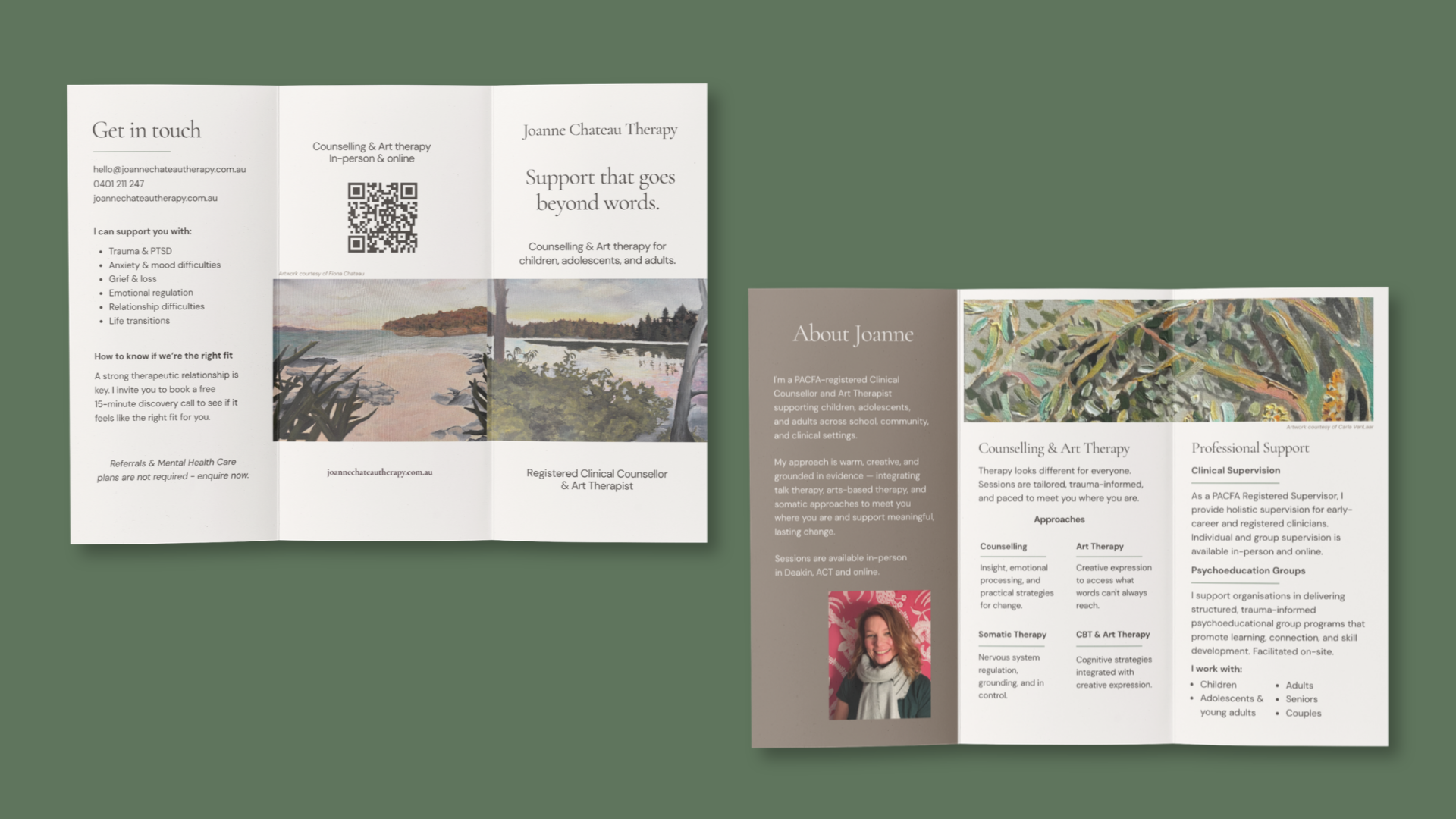 Trifold brochure for Joanne Chateau Therapy showing contact details, counselling and art therapy services, and referral information — print collateral by ovio