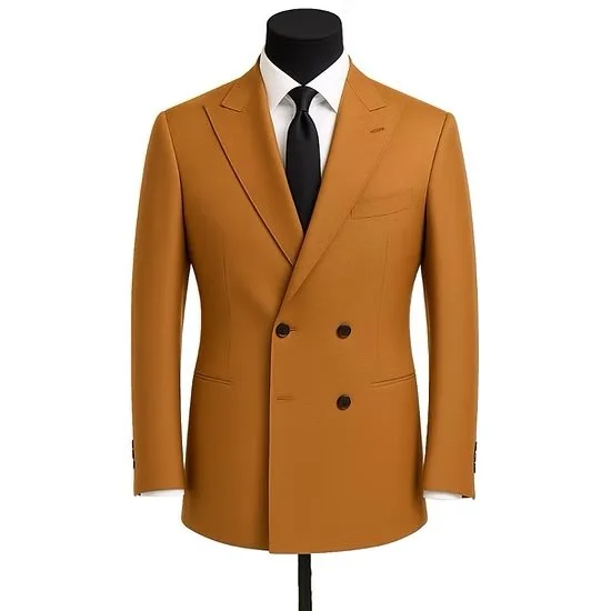 A tan double-breasted men's blazer on a mannequin, paired with a white shirt and black tie.