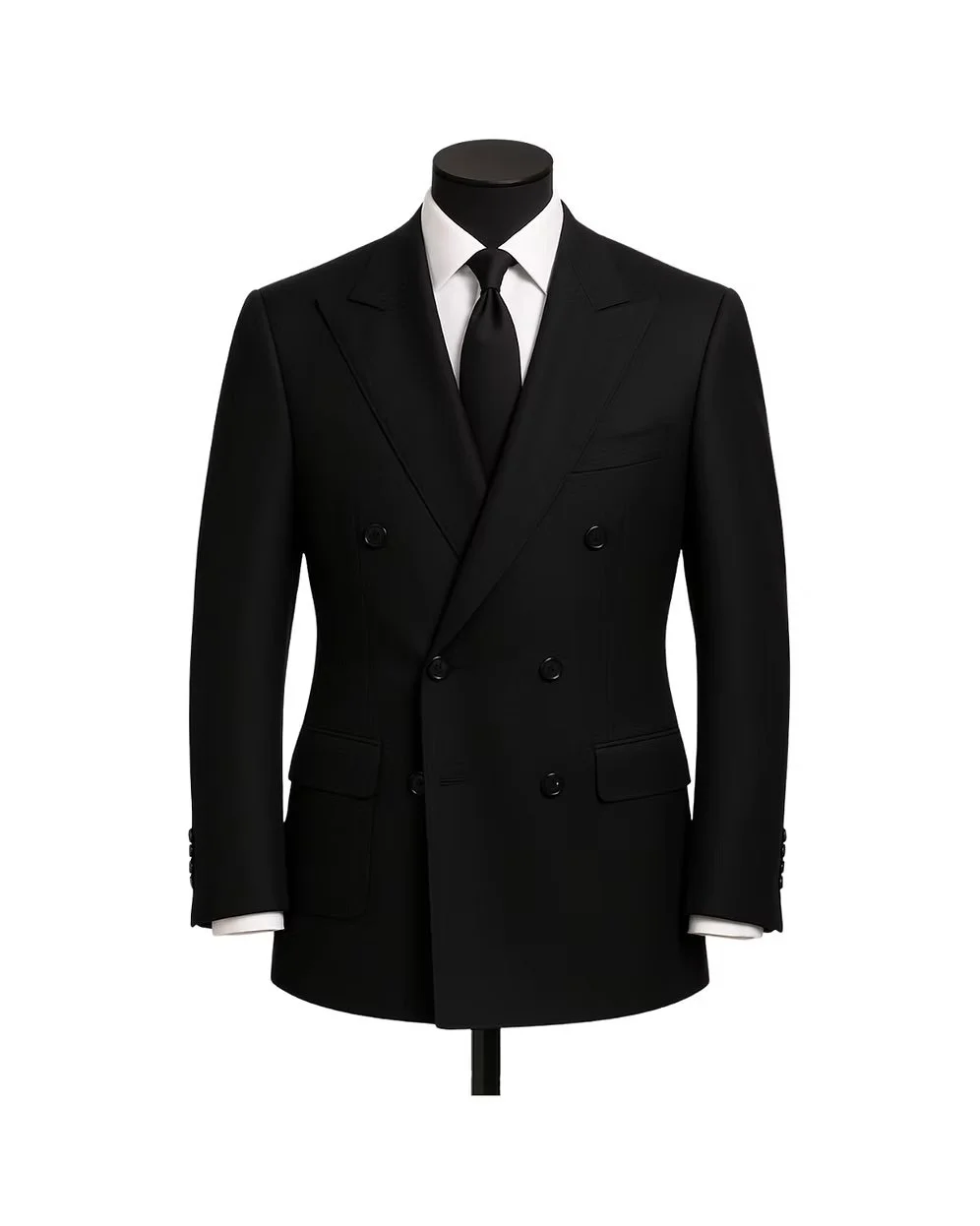 Black double-breasted suit with white shirt and black tie on a mannequin