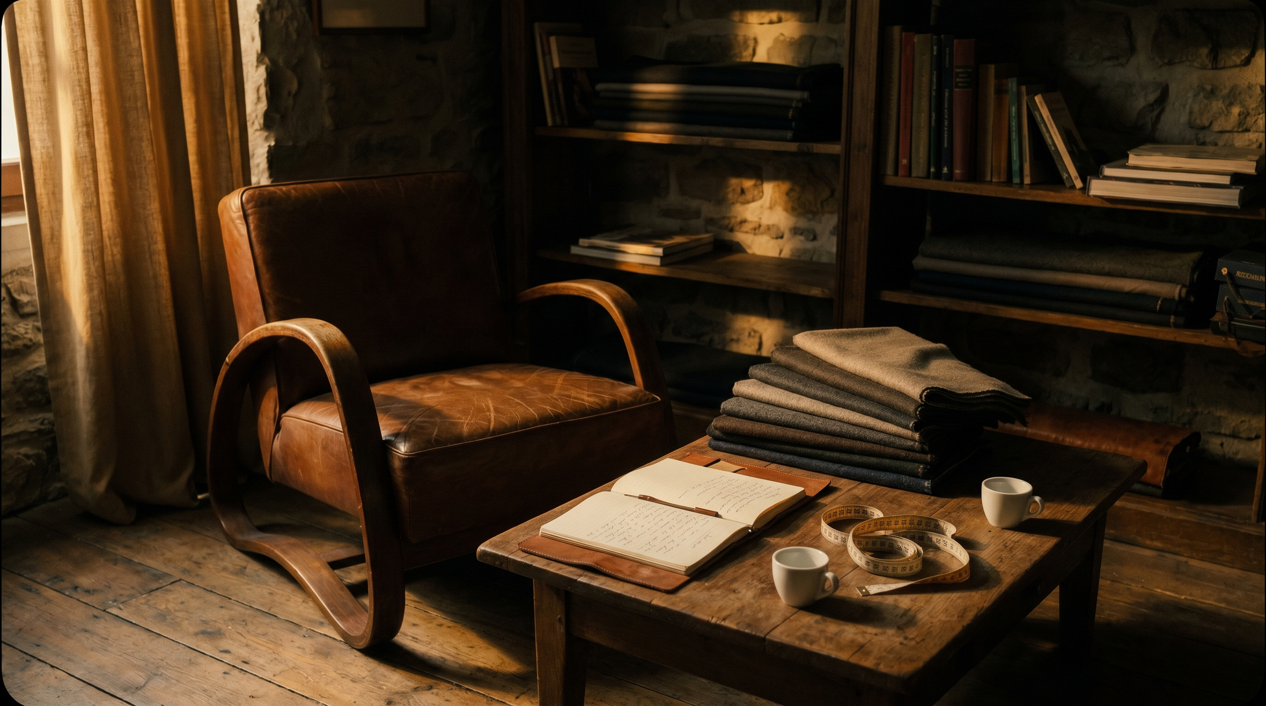 A cozy study with a leather armchair, an open notebook, cups, a measuring tape, and folded fabrics on a wooden table, with bookshelves filled with books and fabric rolls in the background, dimly lit by warm lighting.