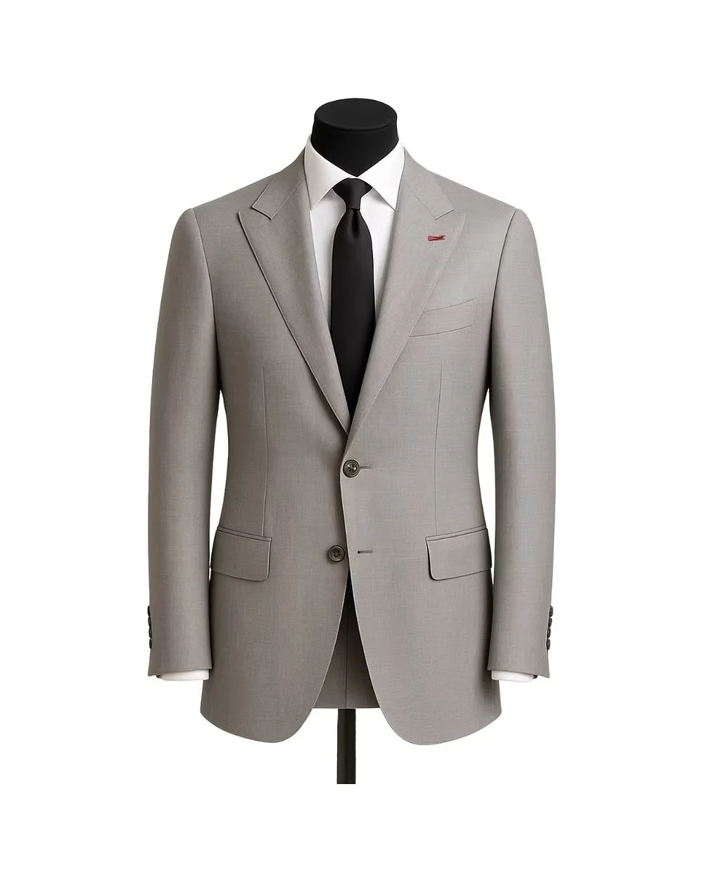 Gray men's suit jacket displayed on a mannequin, paired with a white dress shirt and a black tie.