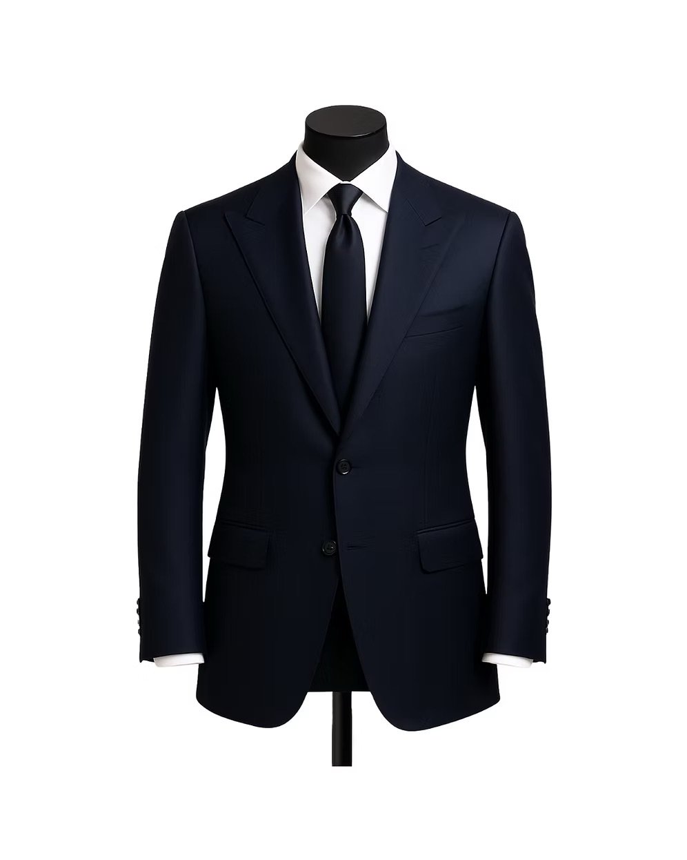 A dark navy blue suit jacket with a white dress shirt and a navy tie displayed on a black mannequin against a white background.