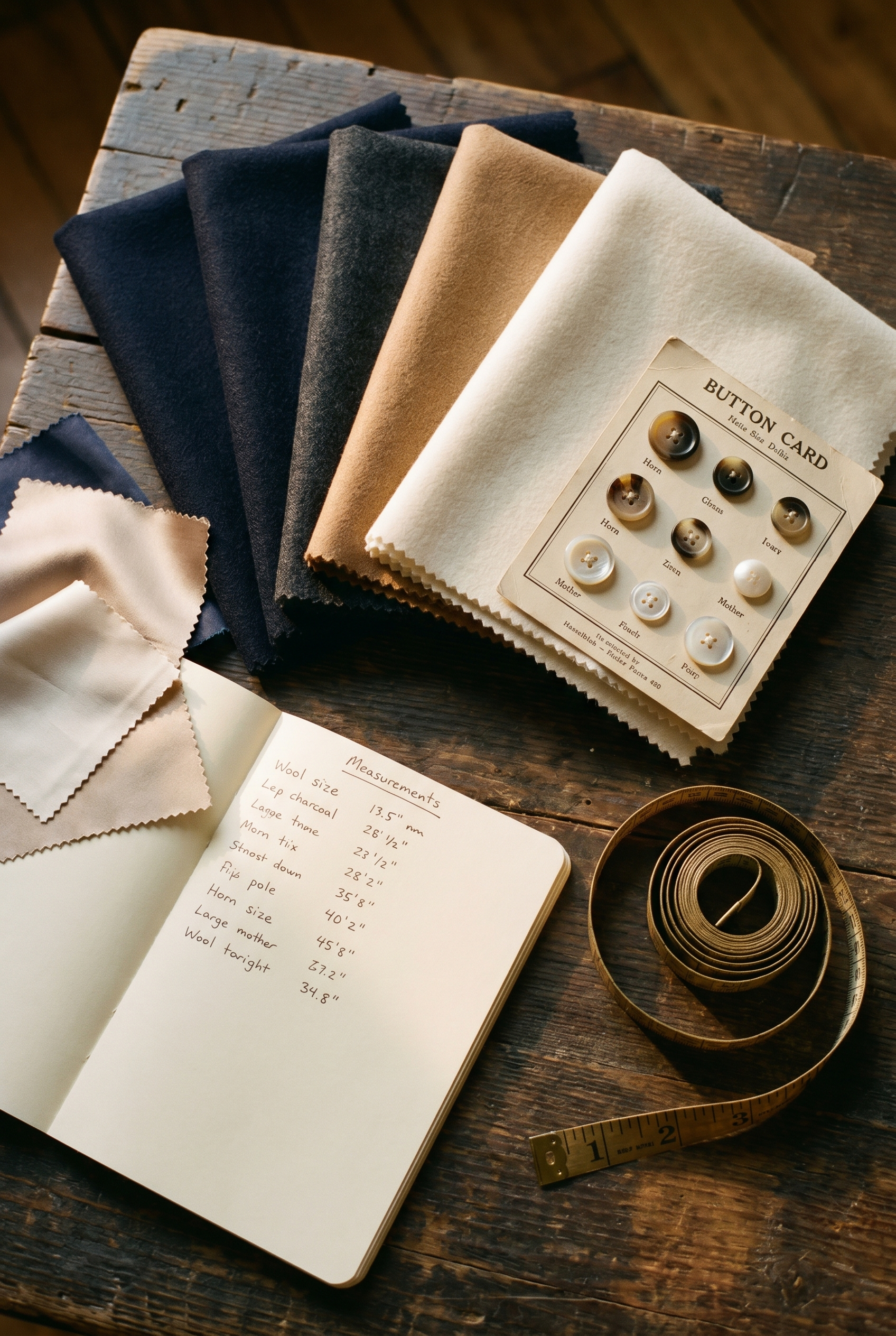 Various fabric swatches in shades of black, gray, beige, and white, a button card with assorted buttons, a measuring tape, and a notebook with handwritten measurements on a wooden surface.