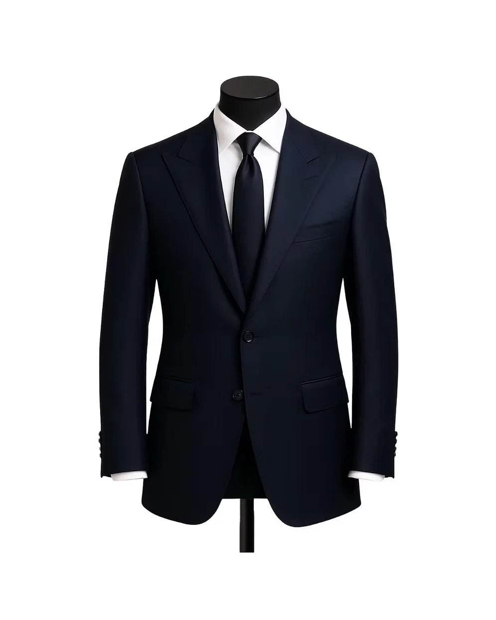 A black mannequin dressed in a dark navy suit, white dress shirt, and navy tie, with a plain white background.