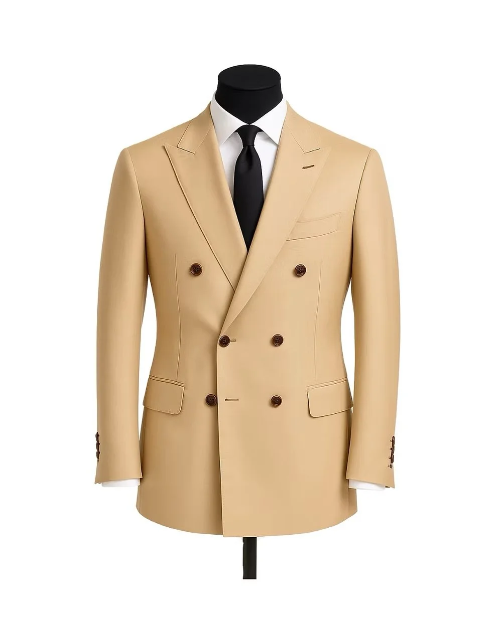 Beige double-breasted suit jacket on a mannequin, paired with white shirt and black tie, against a white background.
