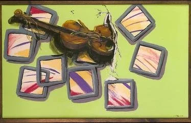 Greg Malloy's painting "My Art" depicting a violin being thrown into a wall